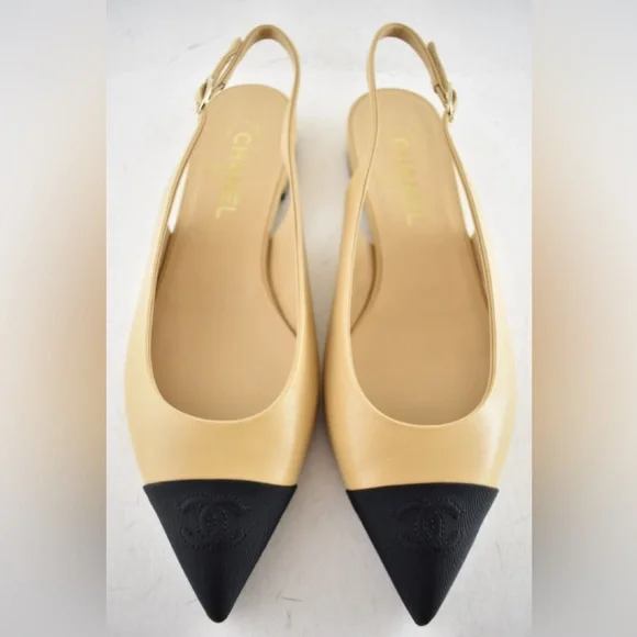 Chanel 24A Beige Leather Black CC Logo Coco Slingback Pointed Ballet Flat 39 - Picture 11 of 15